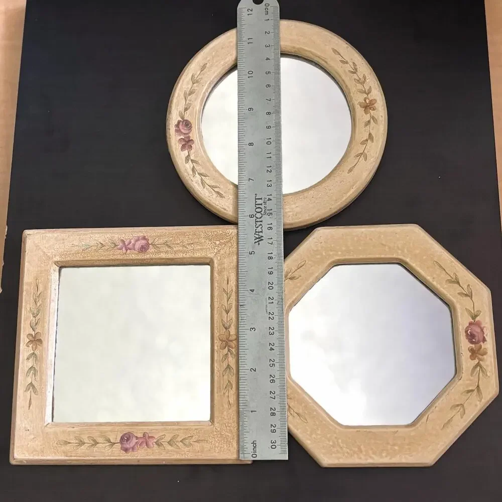Vintage Mirror Set Hand Painted Cream Pink Rosebud Wall Decor 1980s